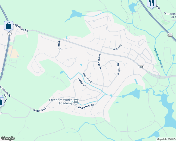 map of restaurants, bars, coffee shops, grocery stores, and more near 130 Surry Circle North in Pinehurst