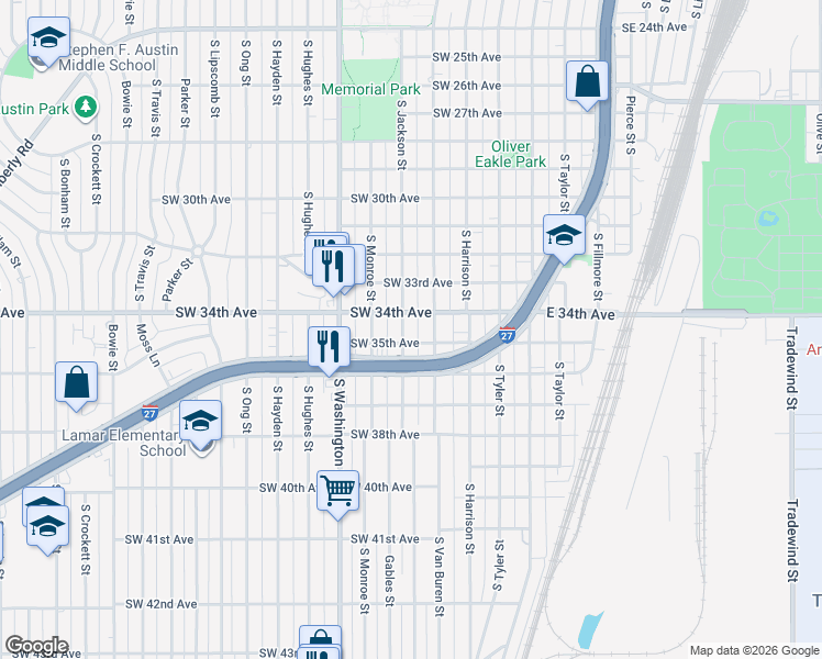 map of restaurants, bars, coffee shops, grocery stores, and more near 3403 South Jackson Street in Amarillo