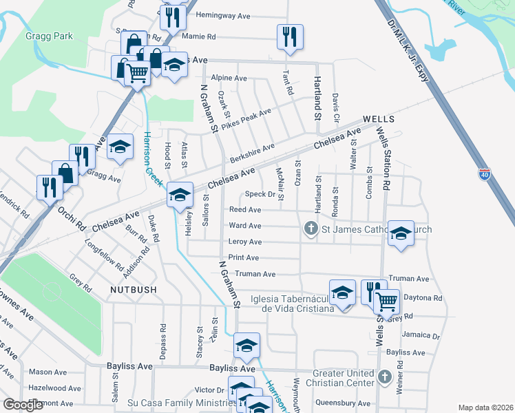 map of restaurants, bars, coffee shops, grocery stores, and more near 4052 Reed Avenue in Memphis