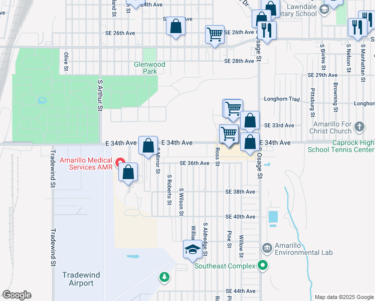 map of restaurants, bars, coffee shops, grocery stores, and more near 1710 East 34th Avenue in Amarillo