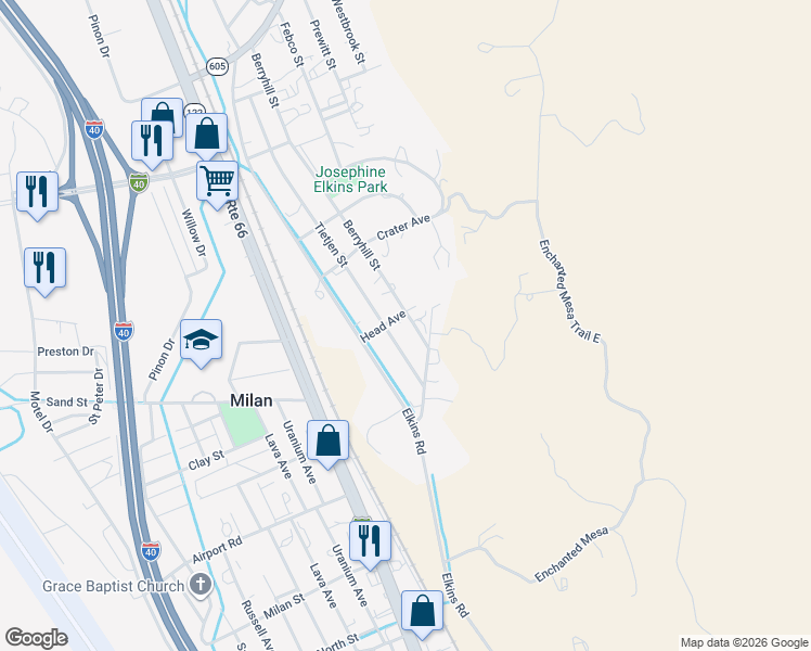 map of restaurants, bars, coffee shops, grocery stores, and more near 1309 Berryhill Street in Grants
