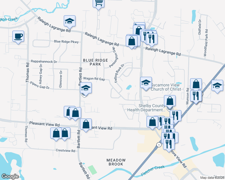 map of restaurants, bars, coffee shops, grocery stores, and more near 5645 Sycamore Ridge Road in Memphis