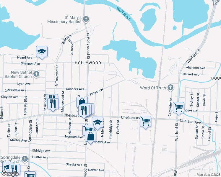map of restaurants, bars, coffee shops, grocery stores, and more near 1538 Standridge Street in Memphis