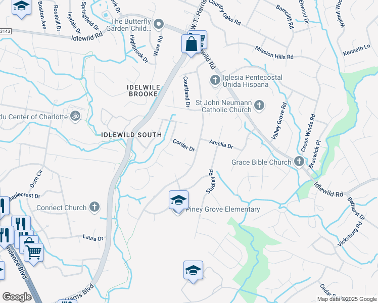 map of restaurants, bars, coffee shops, grocery stores, and more near 7914 Corder Drive in Charlotte