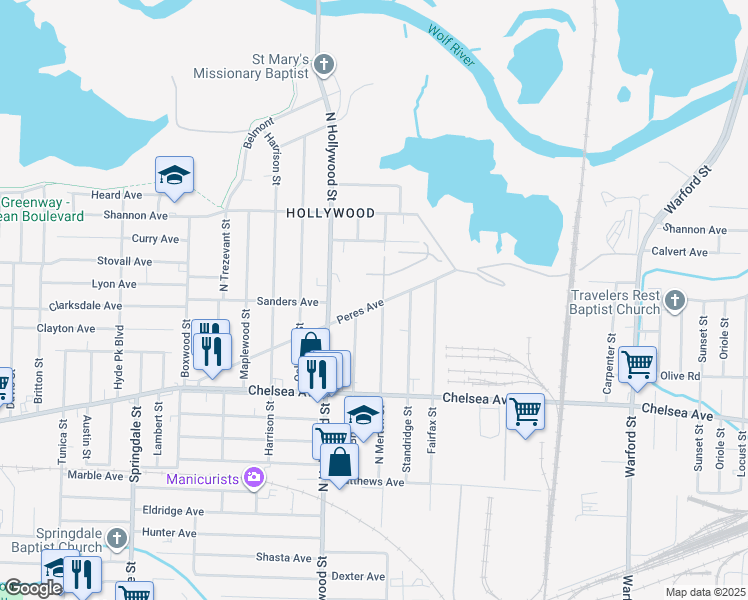 map of restaurants, bars, coffee shops, grocery stores, and more near 2510 Peres Avenue in Memphis