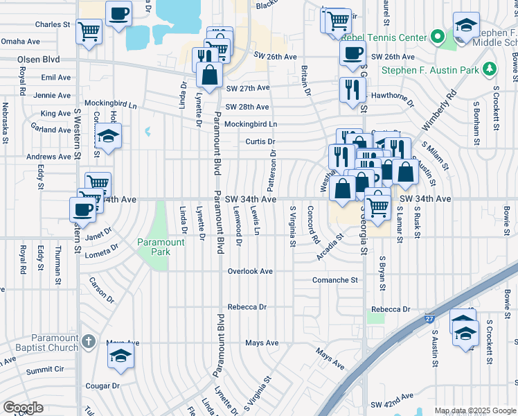 map of restaurants, bars, coffee shops, grocery stores, and more near 3403 Lewis Lane in Amarillo