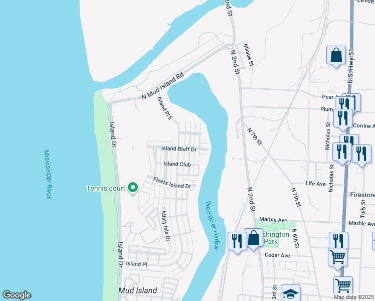 map of restaurants, bars, coffee shops, grocery stores, and more near 1389 Island Town Drive in Memphis
