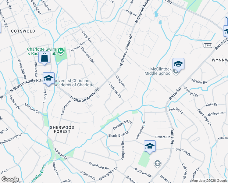 map of restaurants, bars, coffee shops, grocery stores, and more near 4401 Charlestowne Manor Drive in Charlotte