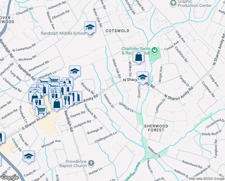 map of restaurants, bars, coffee shops, grocery stores, and more near 500 North Sharon Amity Road in Charlotte