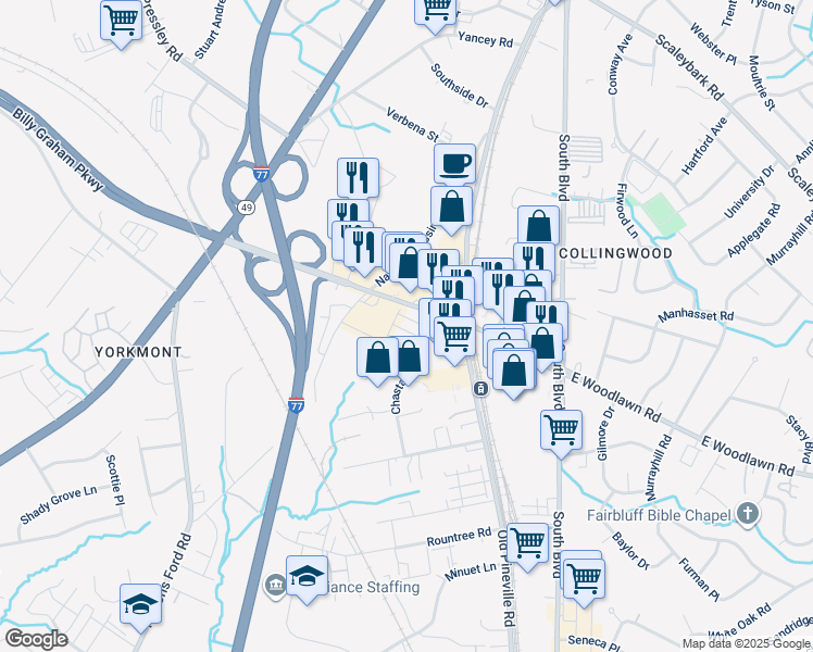 map of restaurants, bars, coffee shops, grocery stores, and more near 200 E Woodlawn Rd in Charlotte