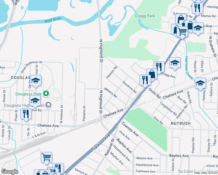 map of restaurants, bars, coffee shops, grocery stores, and more near 3506 Meyers Road in Memphis