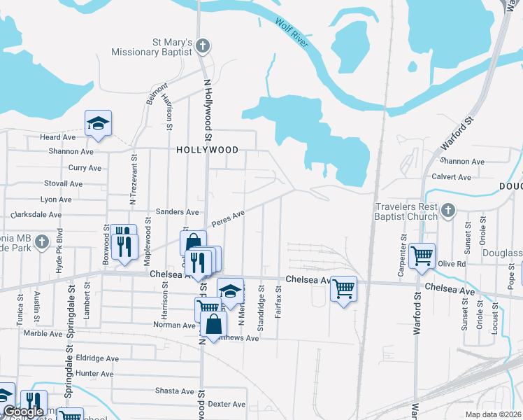 map of restaurants, bars, coffee shops, grocery stores, and more near 1538 Standridge Street in Memphis