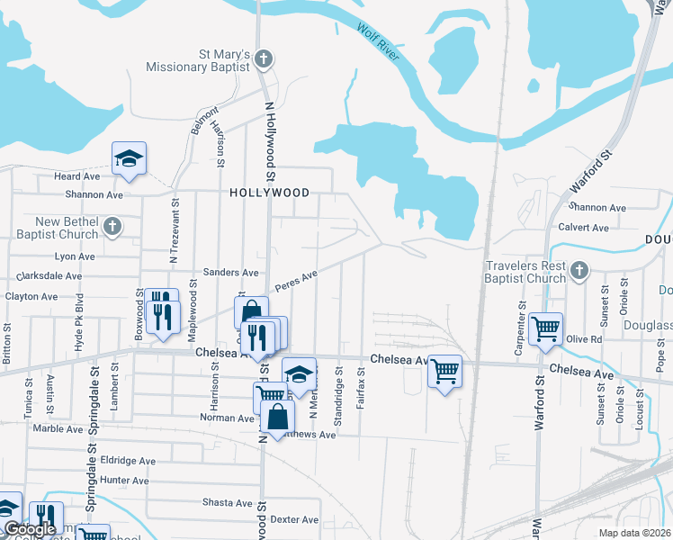 map of restaurants, bars, coffee shops, grocery stores, and more near 1538 Standridge Street in Memphis