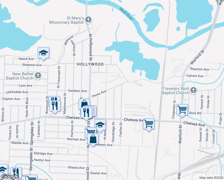 map of restaurants, bars, coffee shops, grocery stores, and more near 1538 Standridge Street in Memphis