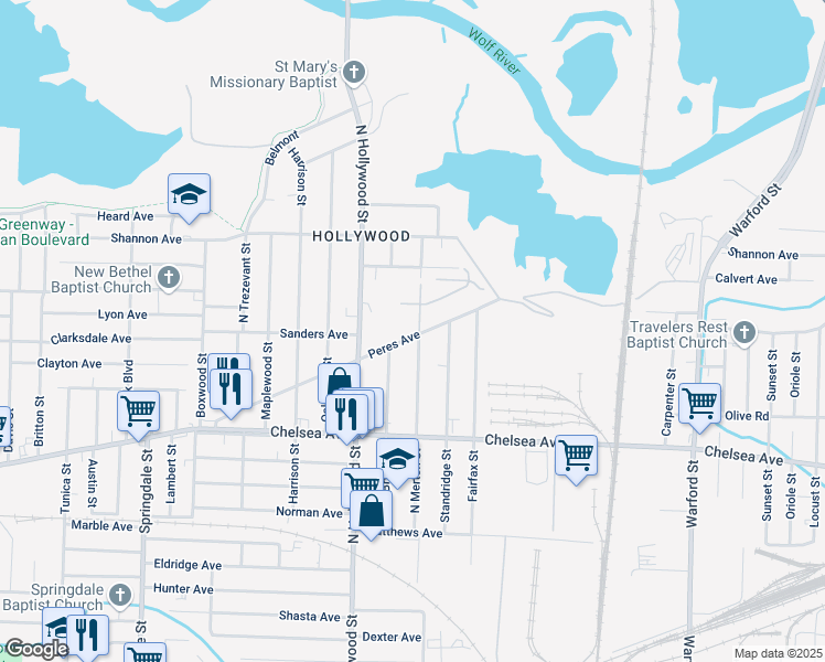map of restaurants, bars, coffee shops, grocery stores, and more near 2510 Peres Avenue in Memphis
