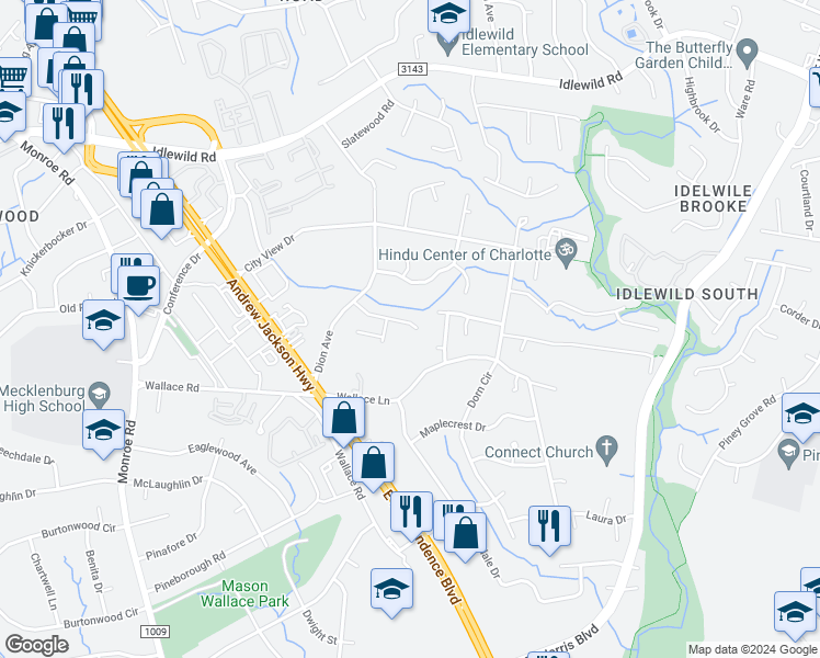 map of restaurants, bars, coffee shops, grocery stores, and more near 6234 Thompson Brook Lane in Charlotte