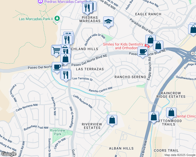 map of restaurants, bars, coffee shops, grocery stores, and more near 4252 La Paloma Road Northwest in Albuquerque
