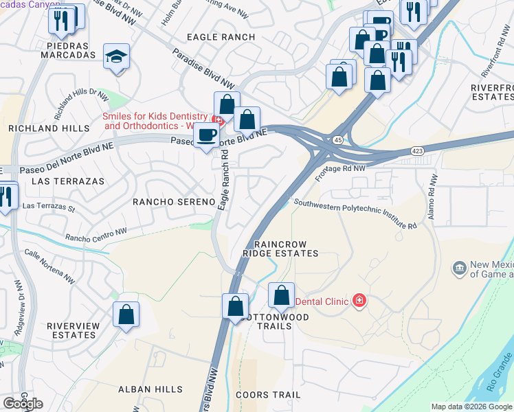 map of restaurants, bars, coffee shops, grocery stores, and more near 8201 Bluffs Edge Place Northwest in Albuquerque