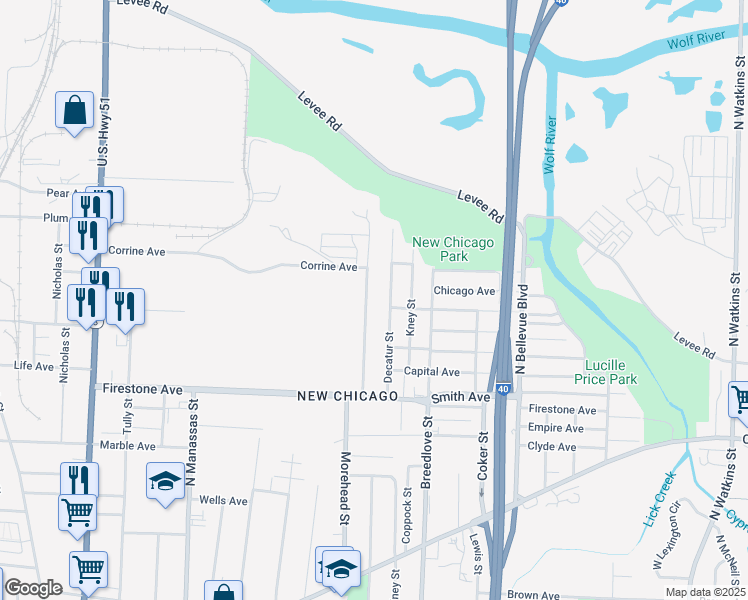 map of restaurants, bars, coffee shops, grocery stores, and more near 996 Firestone Avenue in Memphis