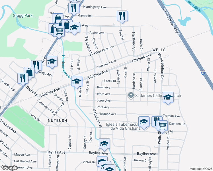 map of restaurants, bars, coffee shops, grocery stores, and more near 4052 Reed Avenue in Memphis