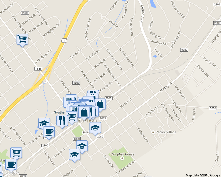 map of restaurants, bars, coffee shops, grocery stores, and more near 145 West Maine Avenue in Southern Pines