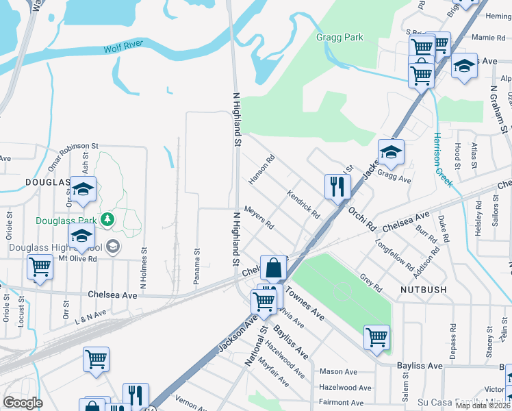 map of restaurants, bars, coffee shops, grocery stores, and more near 3506 Meyers Road in Memphis