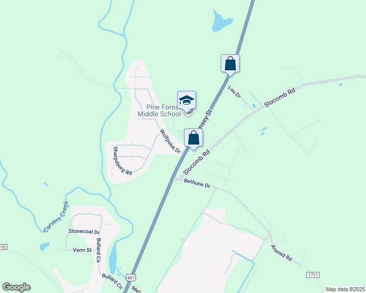 map of restaurants, bars, coffee shops, grocery stores, and more near 102 Wolfpoint Drive in Fayetteville