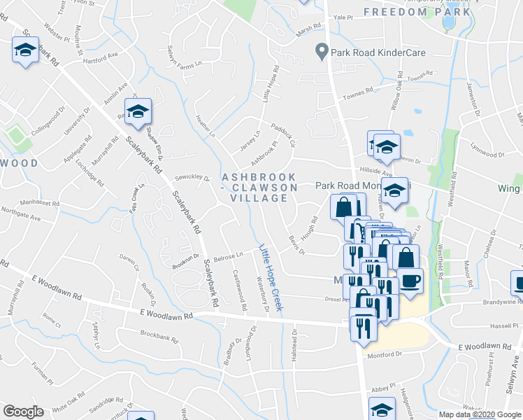 map of restaurants, bars, coffee shops, grocery stores, and more near Heather Lane in Charlotte