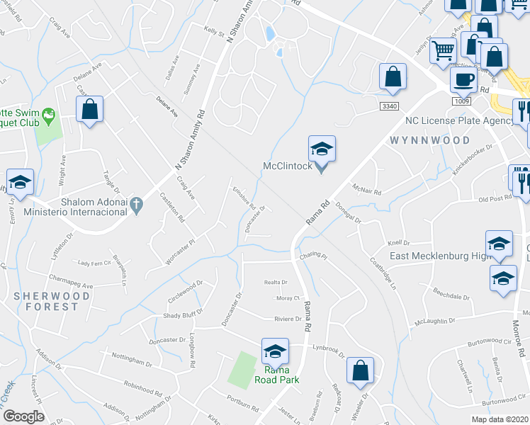 map of restaurants, bars, coffee shops, grocery stores, and more near 6000 Doncaster Drive in Charlotte