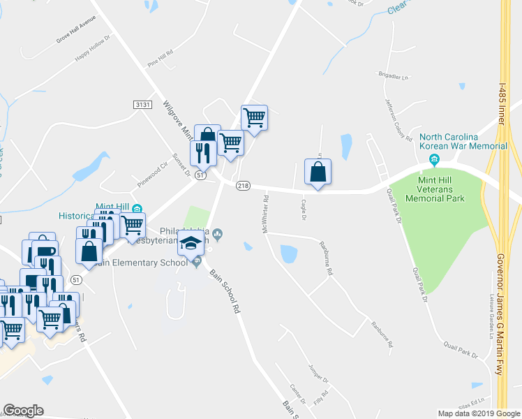 map of restaurants, bars, coffee shops, grocery stores, and more near 7731 McWhirter Road in Mint Hill