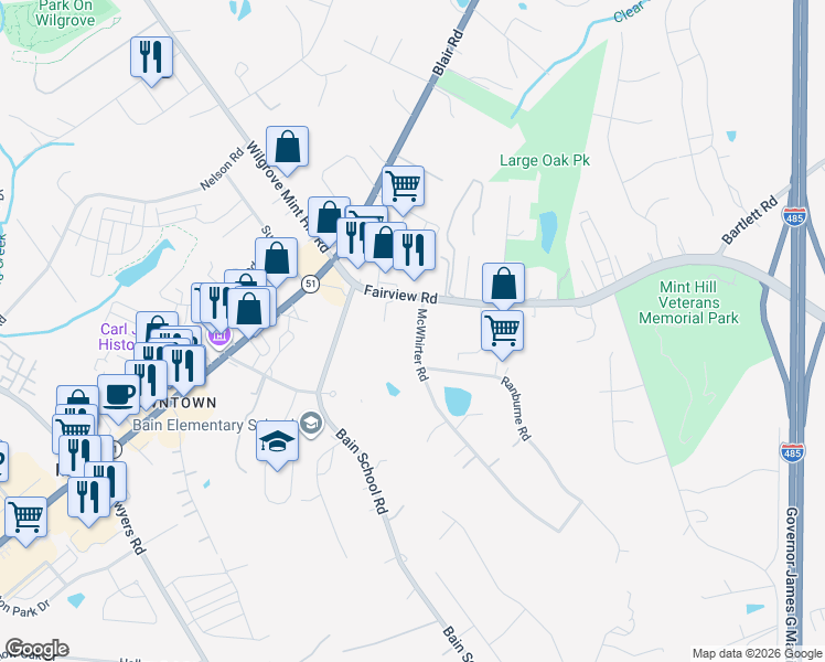 map of restaurants, bars, coffee shops, grocery stores, and more near 7731 McWhirter Road in Mint Hill
