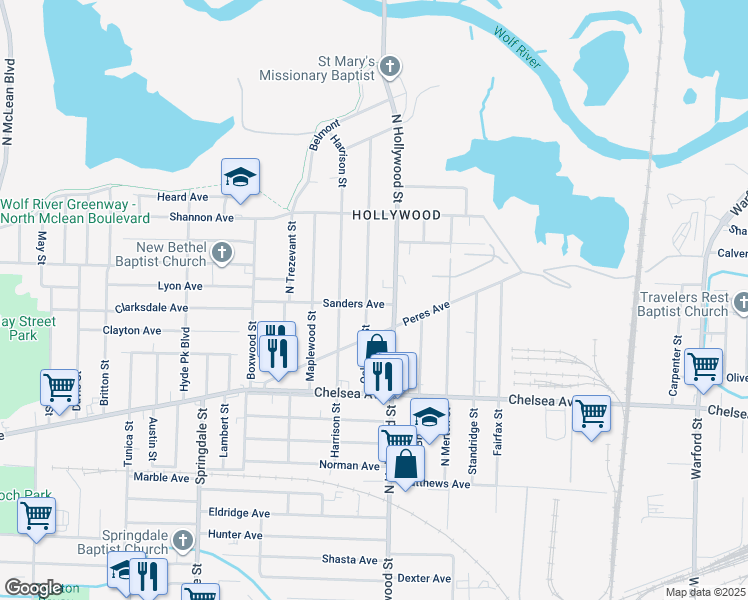 map of restaurants, bars, coffee shops, grocery stores, and more near 1532 Oakwood Street in Memphis