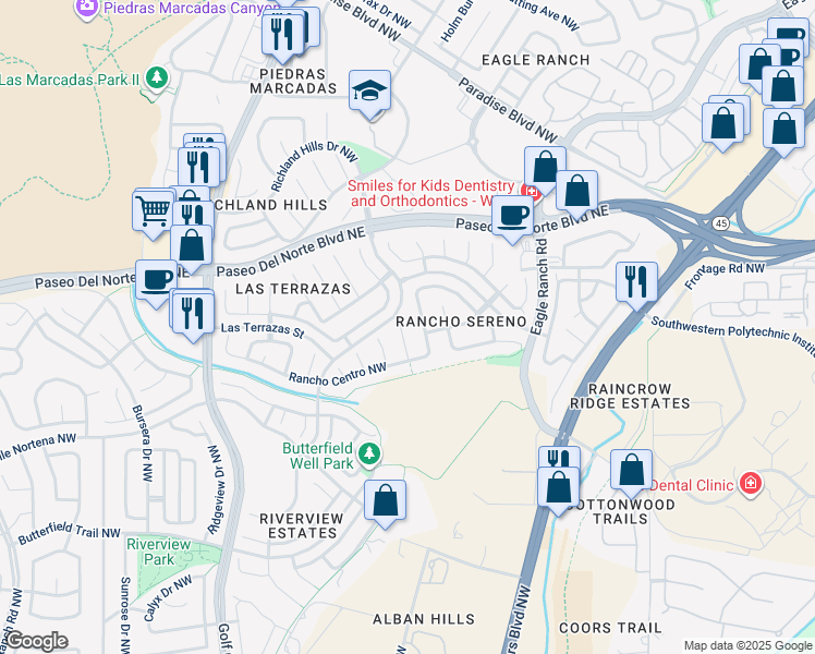 map of restaurants, bars, coffee shops, grocery stores, and more near 8120 Rancho Lindo Court Northwest in Albuquerque