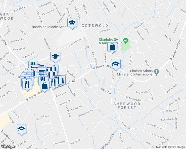 map of restaurants, bars, coffee shops, grocery stores, and more near 500 North Sharon Amity Road in Charlotte