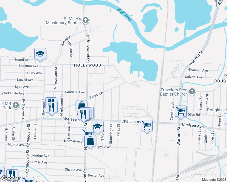 map of restaurants, bars, coffee shops, grocery stores, and more near 1538 Standridge Street in Memphis