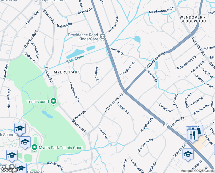 map of restaurants, bars, coffee shops, grocery stores, and more near 1844 Harris Road in Charlotte