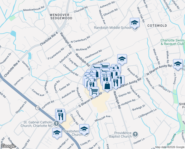 map of restaurants, bars, coffee shops, grocery stores, and more near 4523 Woodlark Ln in Charlotte
