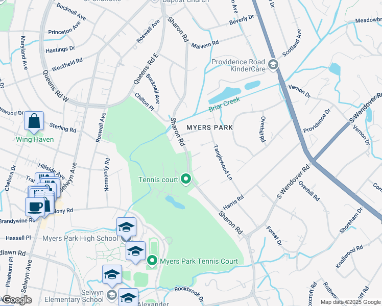 map of restaurants, bars, coffee shops, grocery stores, and more near 2443 Sharon Road in Charlotte