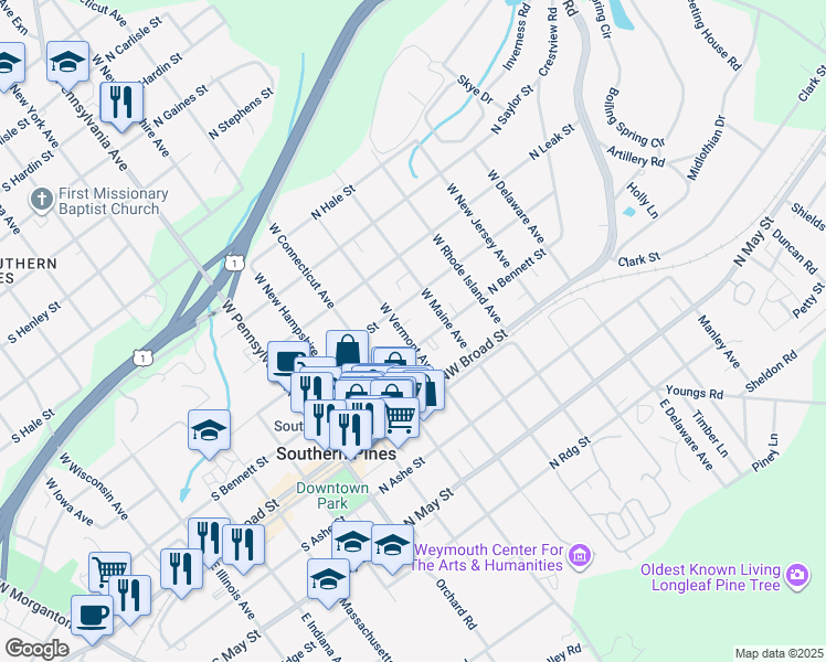 map of restaurants, bars, coffee shops, grocery stores, and more near 225 West Vermont Avenue in Southern Pines