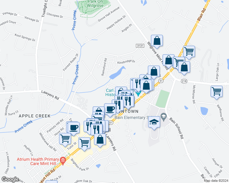 map of restaurants, bars, coffee shops, grocery stores, and more near 7417 Matthews-Mint Hill Road in Mint Hill