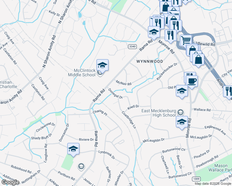 map of restaurants, bars, coffee shops, grocery stores, and more near 5829 Donegal Drive in Charlotte