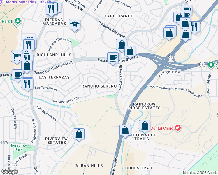 map of restaurants, bars, coffee shops, grocery stores, and more near 8115 Rancho Paraiso Northwest in Albuquerque