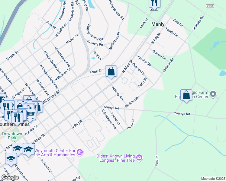 map of restaurants, bars, coffee shops, grocery stores, and more near 360 Manley Avenue in Southern Pines