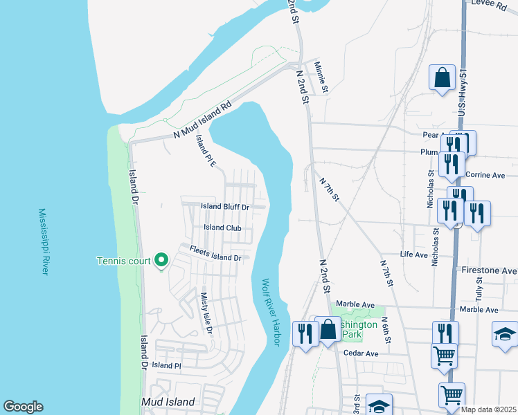 map of restaurants, bars, coffee shops, grocery stores, and more near 285 Island Bluff Drive in Memphis