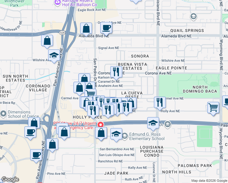 map of restaurants, bars, coffee shops, grocery stores, and more near 8319 Santa Clarita Street Northeast in Albuquerque