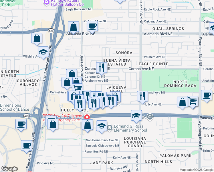 map of restaurants, bars, coffee shops, grocery stores, and more near 6500 Sonrisa Place Northeast in Albuquerque