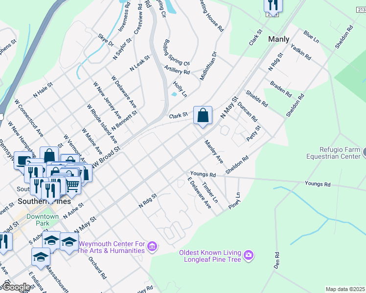 map of restaurants, bars, coffee shops, grocery stores, and more near 890 North May Street in Southern Pines