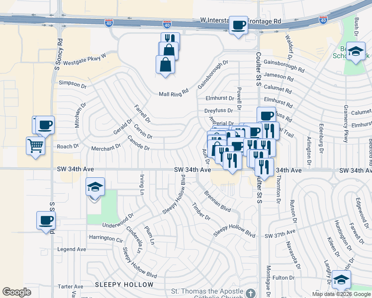 map of restaurants, bars, coffee shops, grocery stores, and more near 3300 Whitecotton Place in Amarillo