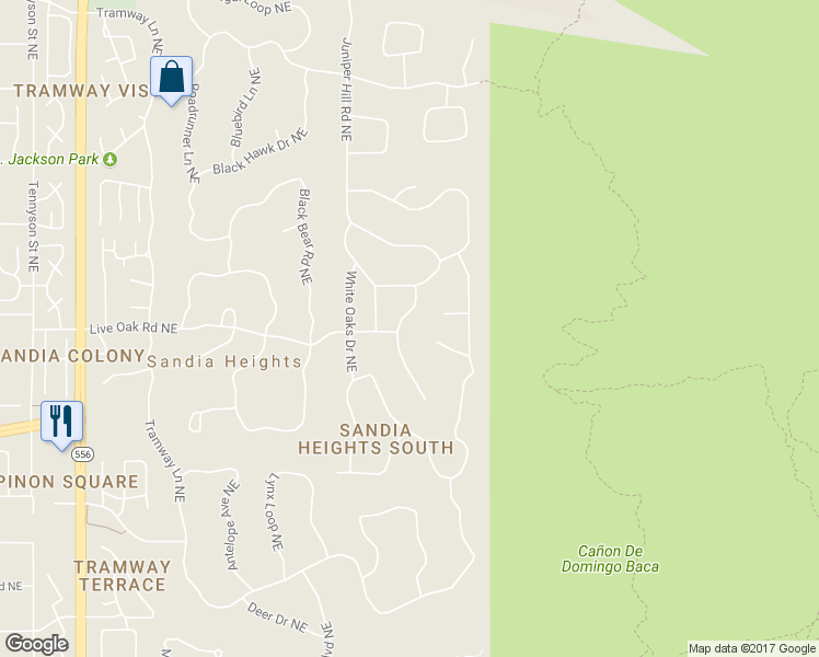 map of restaurants, bars, coffee shops, grocery stores, and more near 303 Juniper Hill Road Northeast in Albuquerque