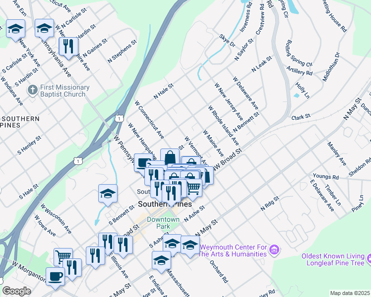 map of restaurants, bars, coffee shops, grocery stores, and more near 345 North Page Street in Southern Pines